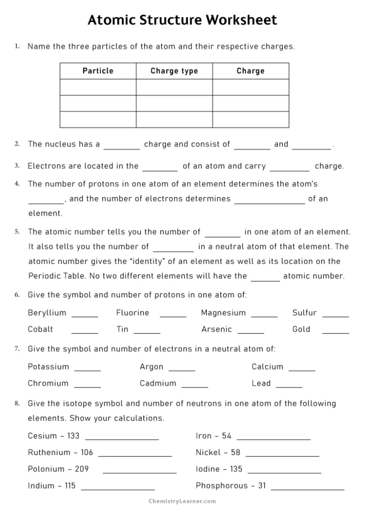 Atomic Structure Worksheets