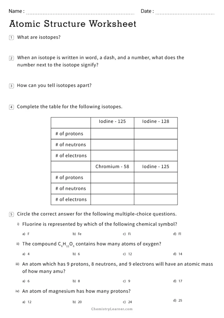 Atomic Structure Worksheet Key