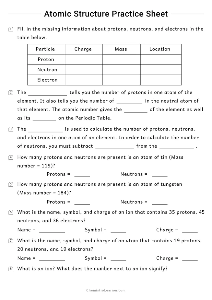 Atomic Structure Worksheet with Answer Sheet