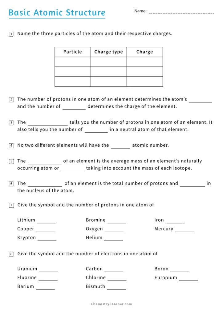 Basic Atomic Structure Worksheet with Answer Key