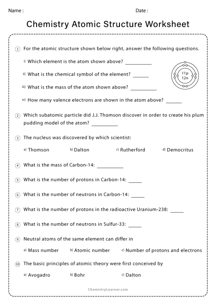 Chemistry Atomic Structure Worksheet