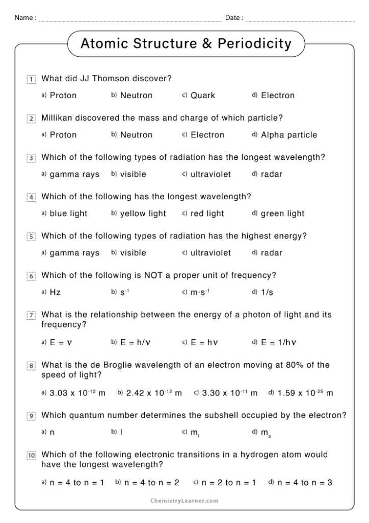 Atomic Structure and Periodicity Worksheet with Answers